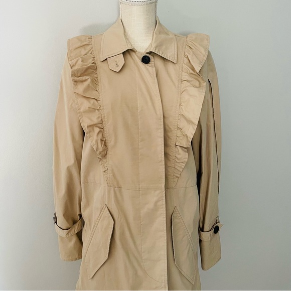 Joie Gila Ruffle Trim Belted Trench Coat Light Khaki Size Large - Picture 3 of 6